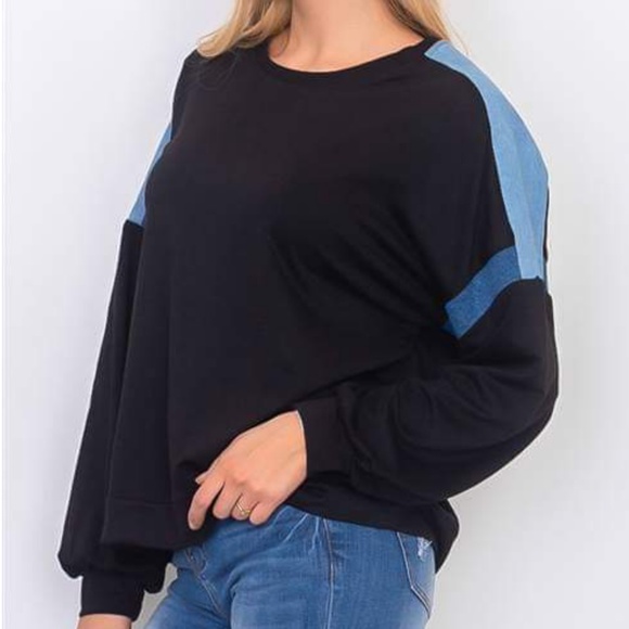 DENIM STRIPE CONTRAST BLACK TOP - Picture 6 of 6